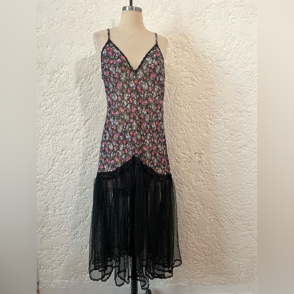Vintage Keyloun Slip Tank Dress, Sheer Black Tulle, Floral Print 80's Size Large